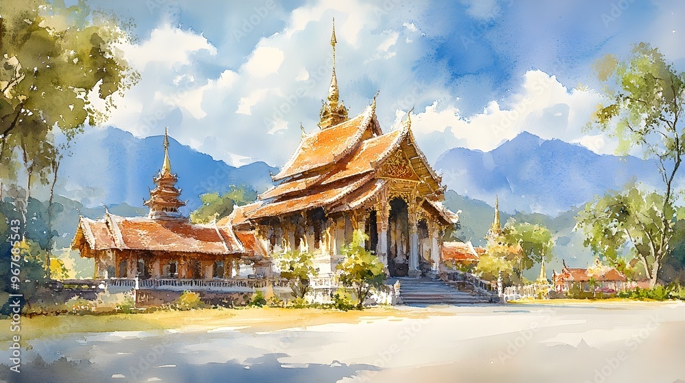 Naklejka premium Peaceful Impressionist Watercolor of Ornate Temples in Chiang Mai,Thailand