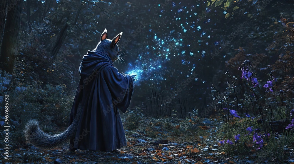 A Squirrel Wearing a Robe Conjures Magic in a Dark Forest A Squirrel Wearing a Robe Conjures Magic in a Dark Forest