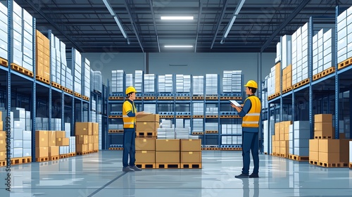 Two workers stacking crates in a warehouse, communicating and using teamwork, shown in a lighthearted cartoon vector style.