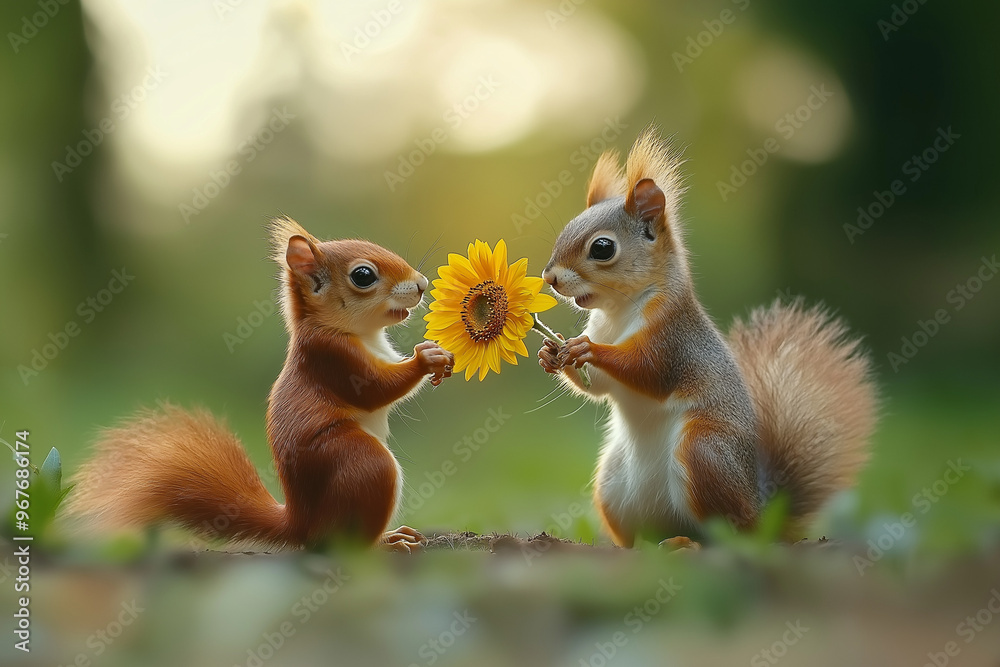 Capture the heartwarming scene of two squirrels, one red and one grey, sharing a bright yellow sunflower. Capture the heartwarming scene of two squirrels, one red and one grey, sharing a bright yellow sunflower.