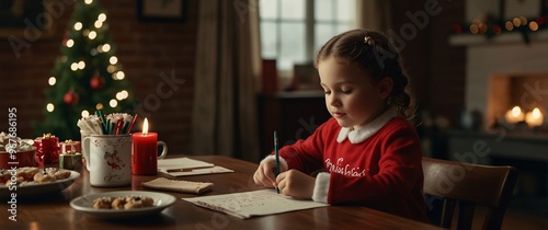 A Child's Christmas Wish: A young girl, filled with the spirit of Christmas, diligently pens her letter to Santa, surrounded by the warmth of twinkling lights and the aroma of freshly baked cookies.