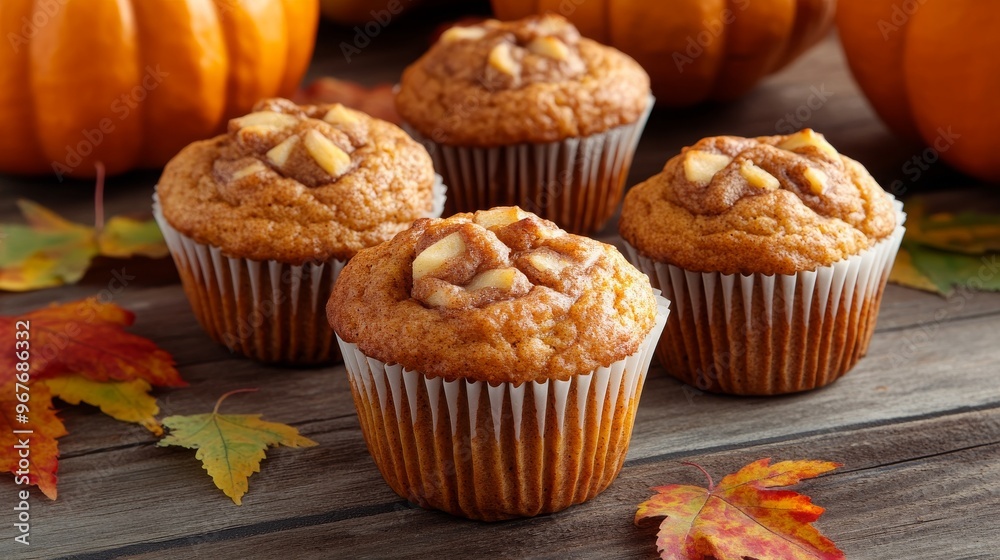 Organic apple cinnamon muffins fresh out of the oven, placed on a rustic wooden table surrounded by fall leaves and pumpkins, evoking the essence of October Organic apple cinnamon muffins fresh out of the oven, placed on a rustic wooden table surrounded by fall leaves and pumpkins, evoking the essence of October