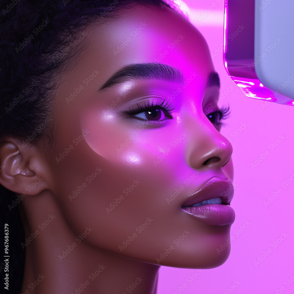 Portrait of african woman with pink neon light around face. Woman with afro hair. Pink and red flexible neon light tubes Portrait of african woman with pink neon light around face. Woman with afro hair. Pink and red flexible neon light tubes