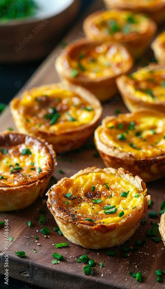 Close. Up Of Mini Cheese Quiches Garnished Freshly Chopped Herbs, On Rustic Wooden Cutting Board. Close. Up Of Mini Cheese Quiches Garnished Freshly Chopped Herbs, On Rustic Wooden Cutting Board.