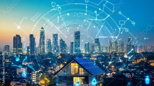 Wallpaper Mural A modern house with solar panels on the roof is connected to a network of smart devices and services in a city skyline at night. Torontodigital.ca