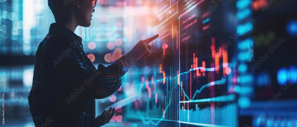 A business professional analyzes data trends using digital technology, representing the future of finance and analytics. A business professional analyzes data trends using digital technology, representing the future of finance and analytics.