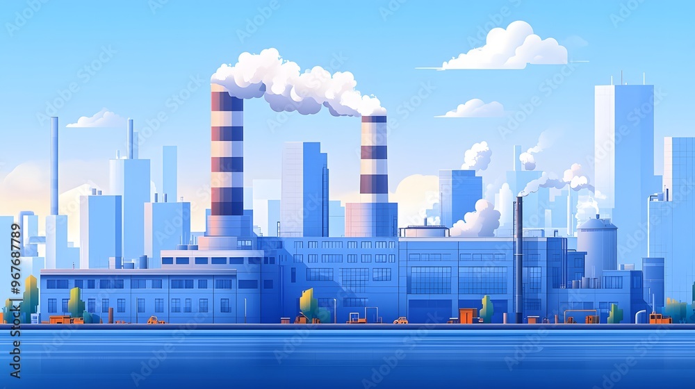Obraz premium Vector illustration of a factory emitting smoke, located near an urban cityscape with tall buildings, showcasing an industrial landscape with flat geometric shapes.