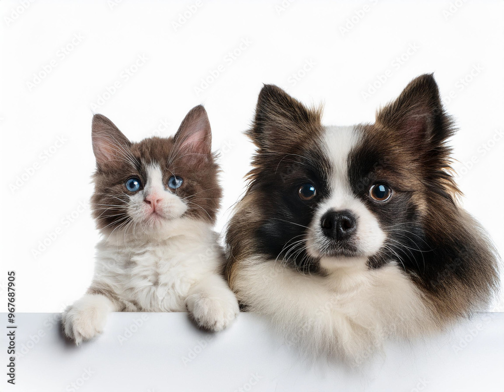 Cute Cat and Dog Against White Background Banner Design with Copy Space Cute Cat and Dog Against White Background Banner Design with Copy Space