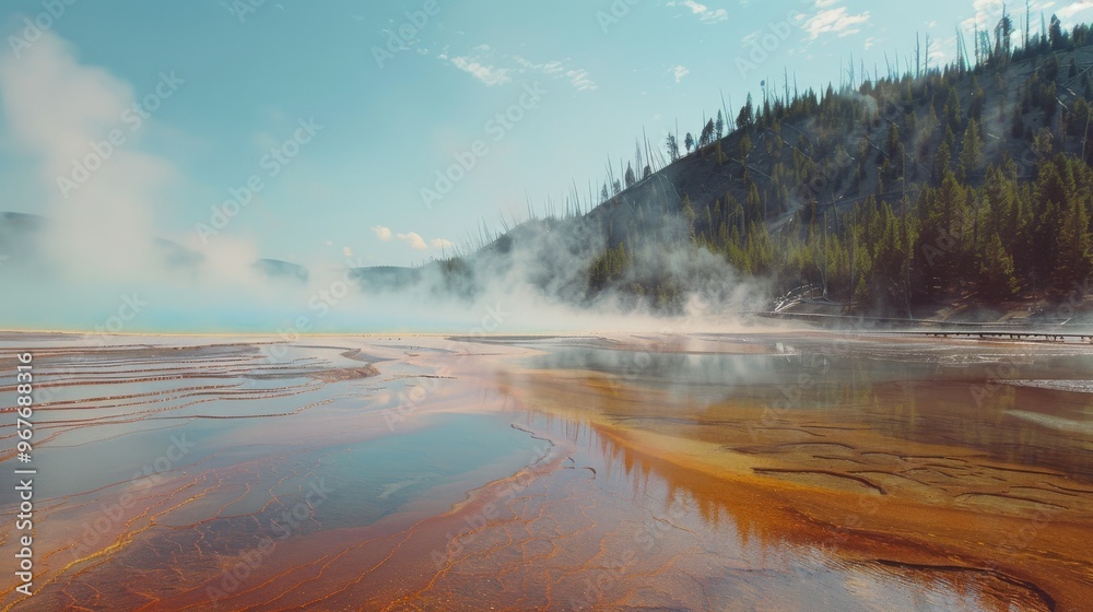 A misty geothermal landscape bathed in colorful mineral deposits and steam, evoking a sense of the Earth's raw, natural beauty. A misty geothermal landscape bathed in colorful mineral deposits and steam, evoking a sense of the Earth's raw, natural beauty.