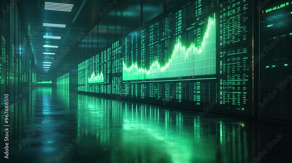A high-tech data center illuminated with green lights and graphs showcasing rising trends, symbolizing growth and information. A high-tech data center illuminated with green lights and graphs showcasing rising trends, symbolizing growth and information.