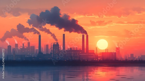Vector illustration of an industrial landscape, with factories and smokestacks in front of a modern cityscape, using clean lines and smooth flat shapes.