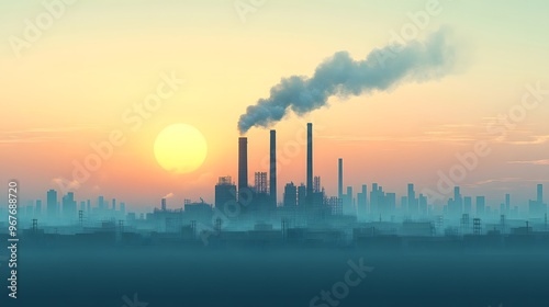 Flat industrial landscape featuring a factory complex with smoke rising from chimneys, surrounded by a city skyline, illustrated in a minimalist style with soft tones.