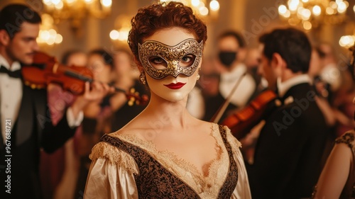 Elegant masquerade ball scene featuring a woman in a mask, surrounded by musicians and a glamorous atmosphere.