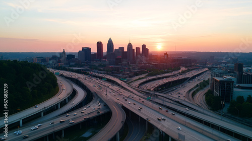 Aerial view of a sunset over a city with a highway interchange, showing traffic, cityscapes, and a vibrant sky