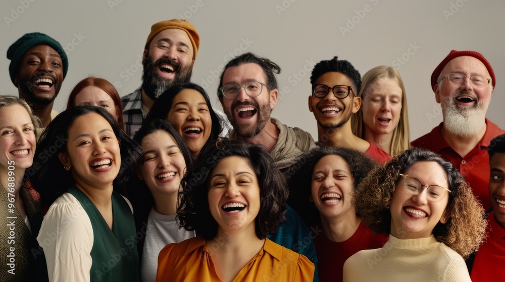 A diverse group of people laughing together, exuding joy and camaraderie in a bright, welcoming setting. A diverse group of people laughing together, exuding joy and camaraderie in a bright, welcoming setting.