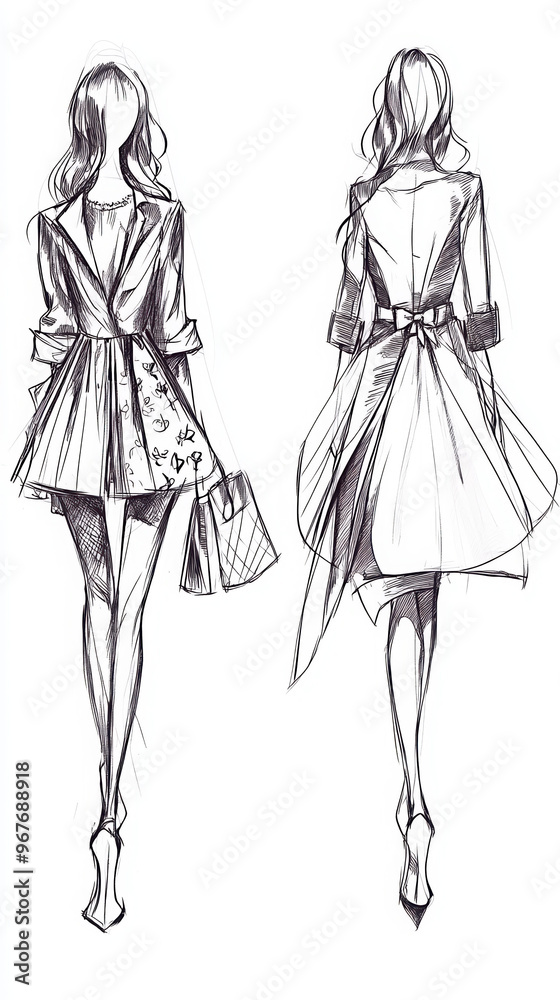 Chic Fashion Sketches: Elegant Design Illustrations of Women in Coats, Dresses, Accessories, High Heels, and Contemporary Couture for Urban Runway Trends and Artistic Inspiration