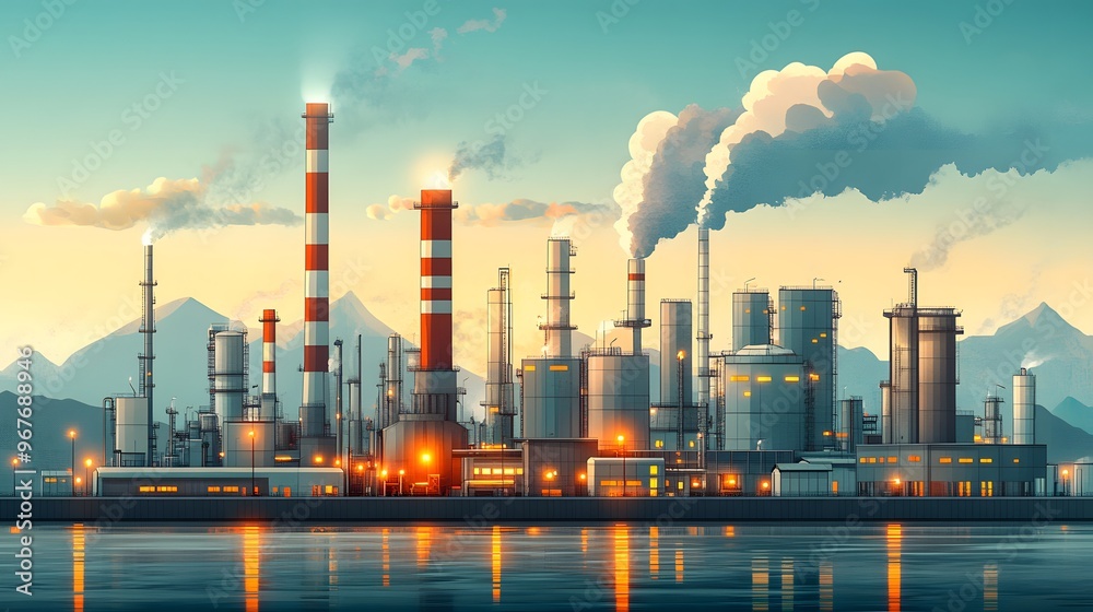 Industrial zone with warehouses, factories, and smokestacks, set in front of a large city, illustrated with simple flat shapes and clean lines. Industrial zone with warehouses, factories, and smokestacks, set in front of a large city, illustrated with simple flat shapes and clean lines.