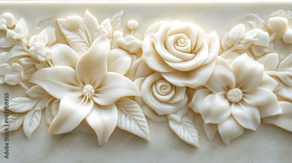 Intricate floral relief carving showcasing roses, lilies, and foliage on a cream background, emphasizing craftsmanship and detail Intricate floral relief carving showcasing roses, lilies, and foliage on a cream background, emphasizing craftsmanship and detail