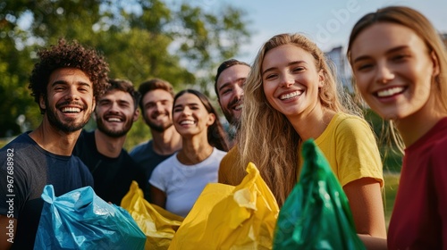 Fototapeta Naklejka Na Ścianę i Meble -  Group of friends organizing a charity fundraiser or community cleanup event with enthusiasm and teamwork