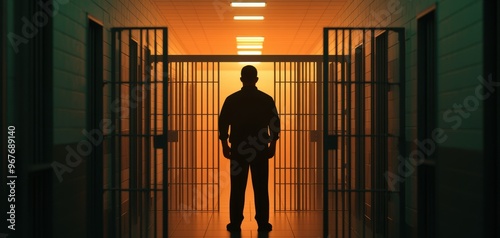 A silhouette of a guard standing between prison cells under ambient orange lighting, evoking tension and authority.
