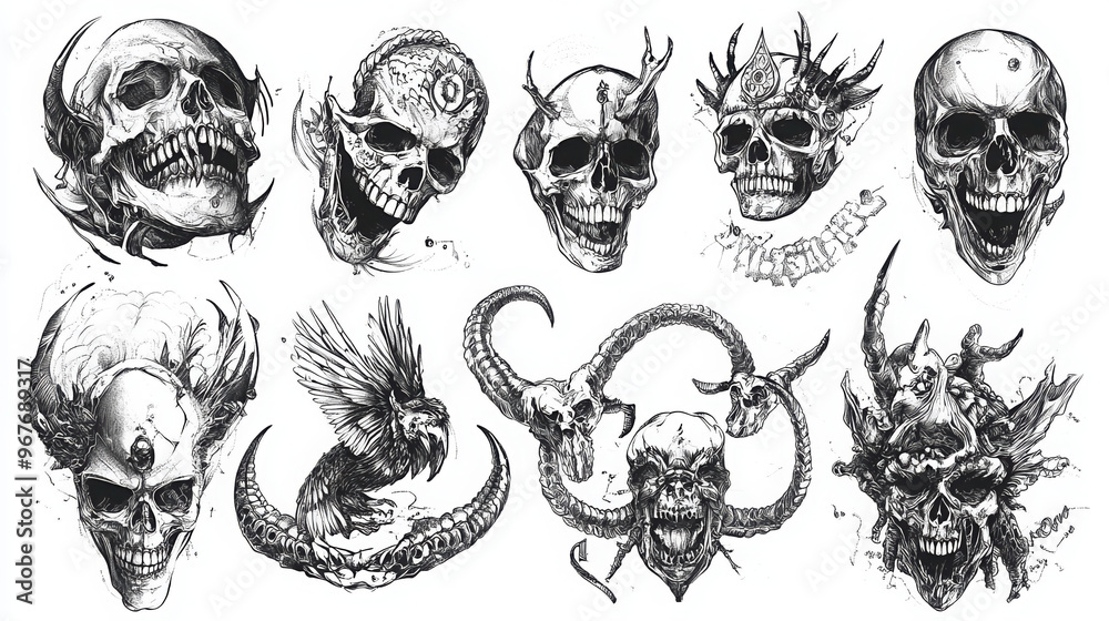 Fototapeta premium Creepy Gothic Skull Art: Intricate Tattoos, Dark Illustrations, and Menacing Fantasy Designs Featuring Horns, Serpents, Owls, and Eerie Symbols in Detailed Monochrome Patterns
