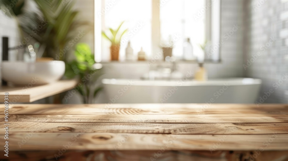 Blurred bathroom interior background with wooden table top for product showcase Blurred bathroom interior background with wooden table top for product showcase