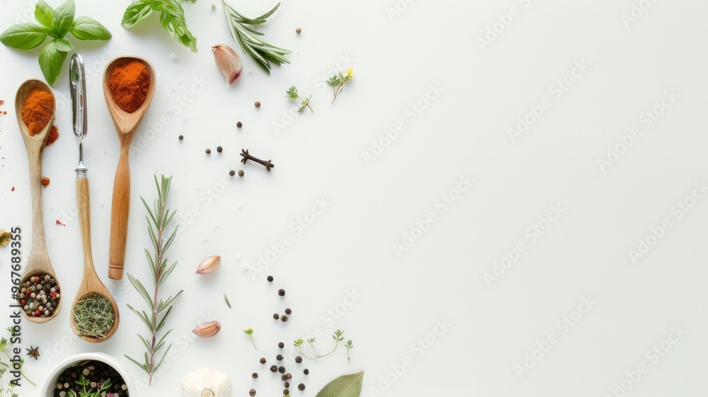 An artful arrangement of herbs and spices on a white background with ample negative space embodies simplicity and culinary elegance. An artful arrangement of herbs and spices on a white background with ample negative space embodies simplicity and culinary elegance.