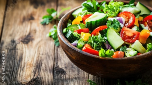 Fresh Green Salad in Wooden Bowl