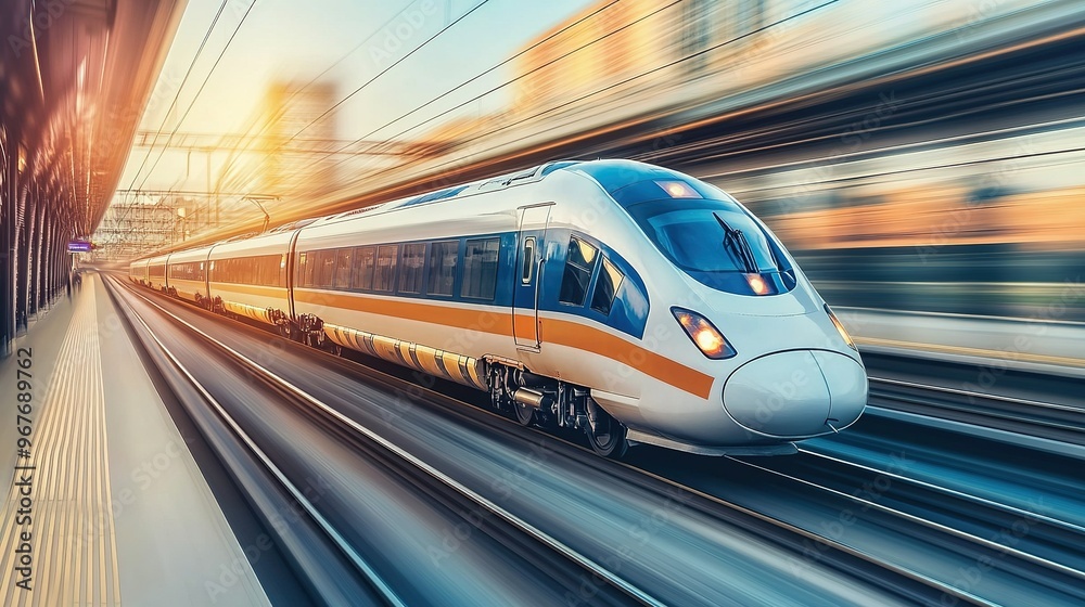 Fototapeta premium A high-speed train departs from a modern station during sunset, creating a dynamic motion blur effect on its journey