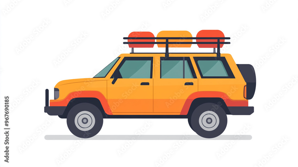 A bright orange SUV with roof racks, prepared for an adventurous road trip during summer days