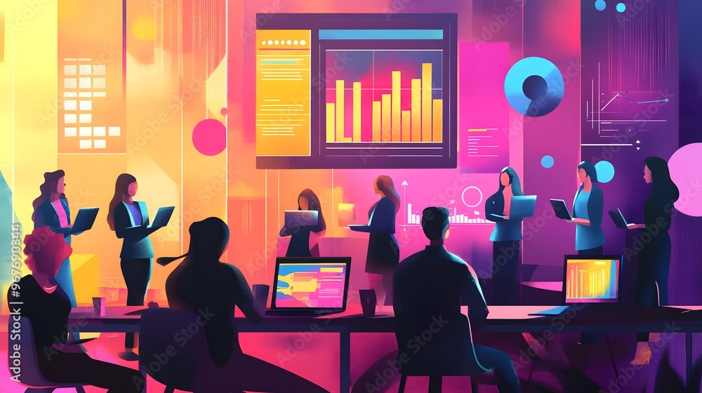 A vibrant illustration of an interactive digital conference room, with people gathered around tables using laptops and tablets to engage in lively discussions about global market trends and product