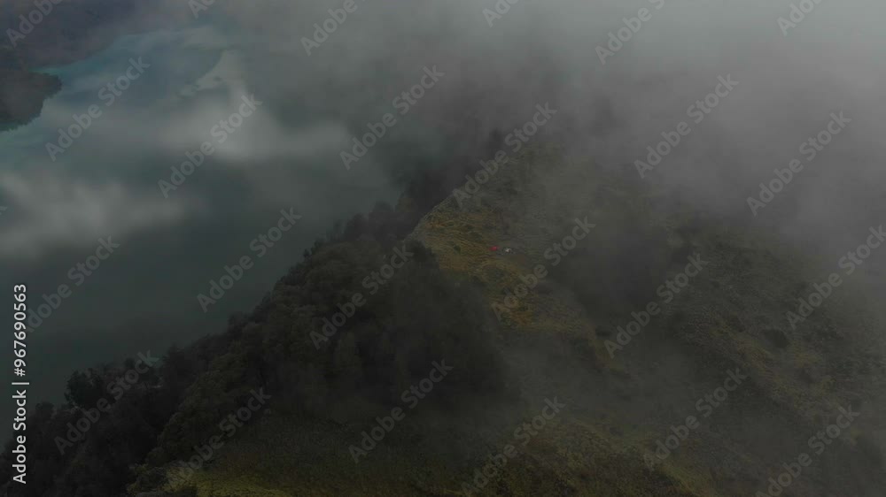 Aerial view of active volcano Rinjani surrounded by beautiful rice fields and mist at sunrise, Telebatu, Indonesia. Aerial view of active volcano Rinjani surrounded by beautiful rice fields and mist at sunrise, Telebatu, Indonesia.