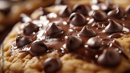 A close-up of a chocolate chip cookie topped with melted chocolate and chocolate chips.