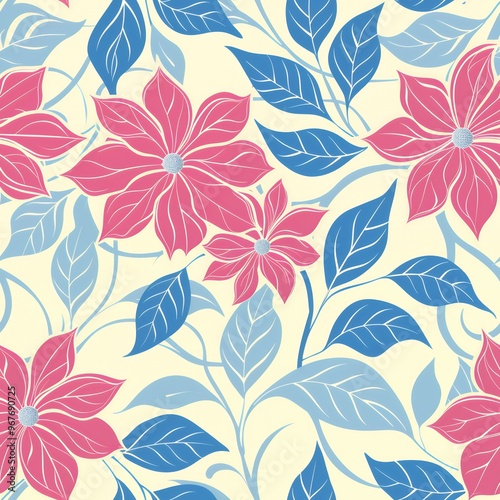 A seamless pattern with pink flowers and blue leaves.