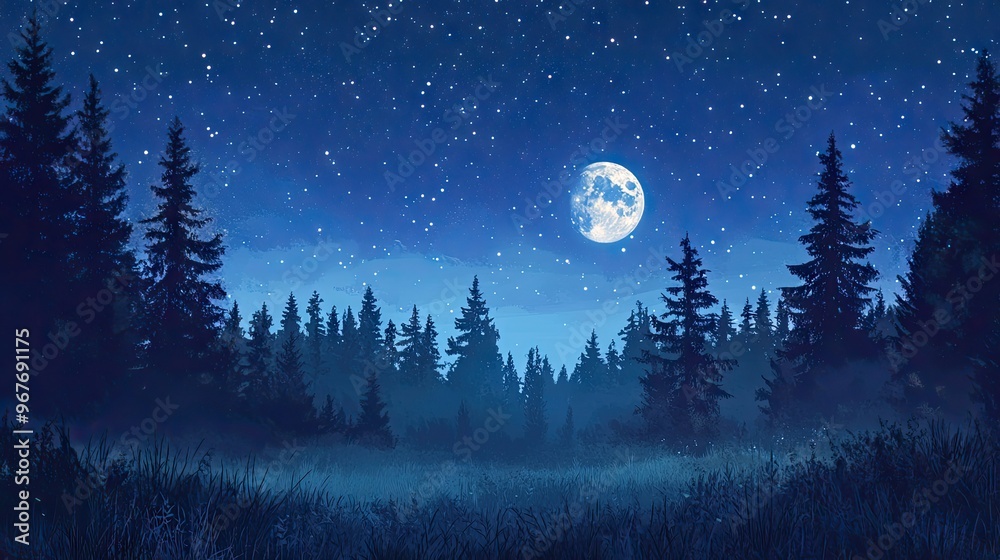 Fototapeta premium Moonrise over a quiet forest, with stars twinkling above, creating a peaceful night nature scene.