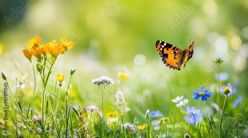 A colorful butterfly flutters amongst wildflowers in a sunlit meadow during a warm spring day