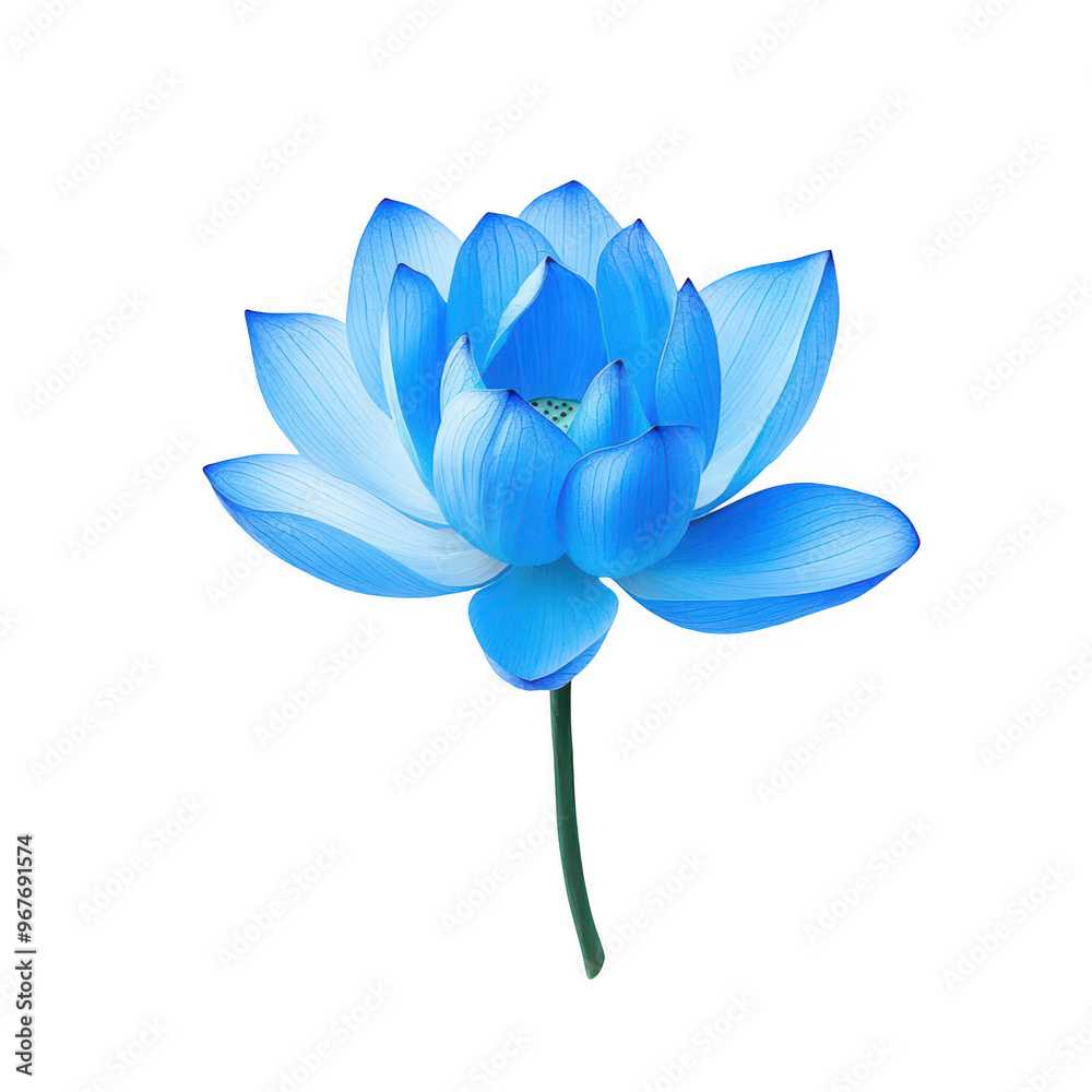 A vibrant blue lotus flower with delicate petals and a green stem.