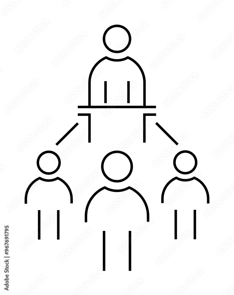 A minimalist line drawing depicts a leader at a desk connected to three subordinates below. Ideal for team structures, leadership dynamics, business organization, management principles, and corporate A minimalist line drawing depicts a leader at a desk connected to three subordinates below. Ideal for team structures, leadership dynamics, business organization, management principles, and corporate