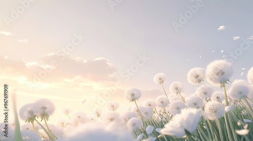 A tranquil field of dandelions swaying gently in the warm light of sunset, creating a serene, picturesque landscape moment