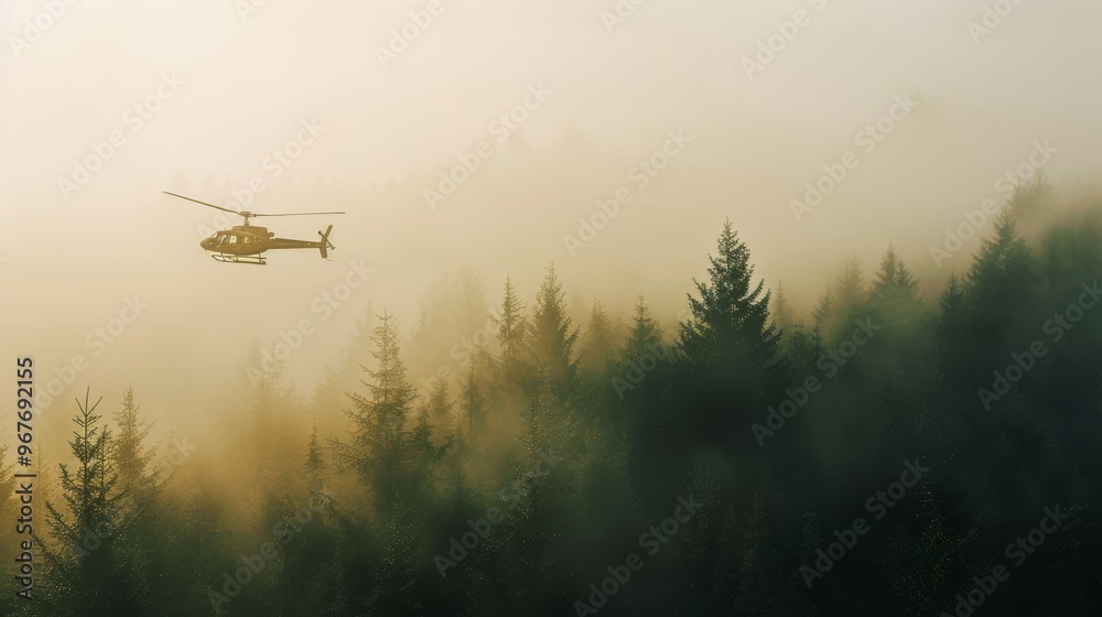 A helicopter glides through fog-laden treetops, blending with the hauntingly beautiful forest at sunrise.