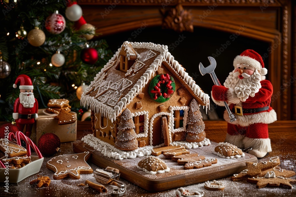 Santa Claus as a Plumber Fixing a Leaky Gingerbread House Roof with a Candy Cane Wrench