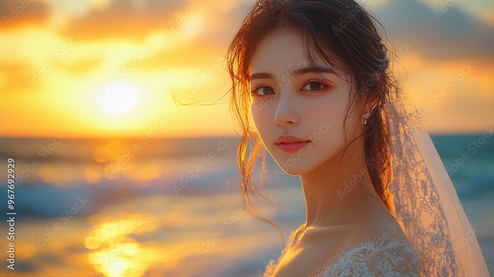 Korean Bride in Elegant Dress at Sunset on a Pristine White Beach Korean Bride in Elegant Dress at Sunset on a Pristine White Beach