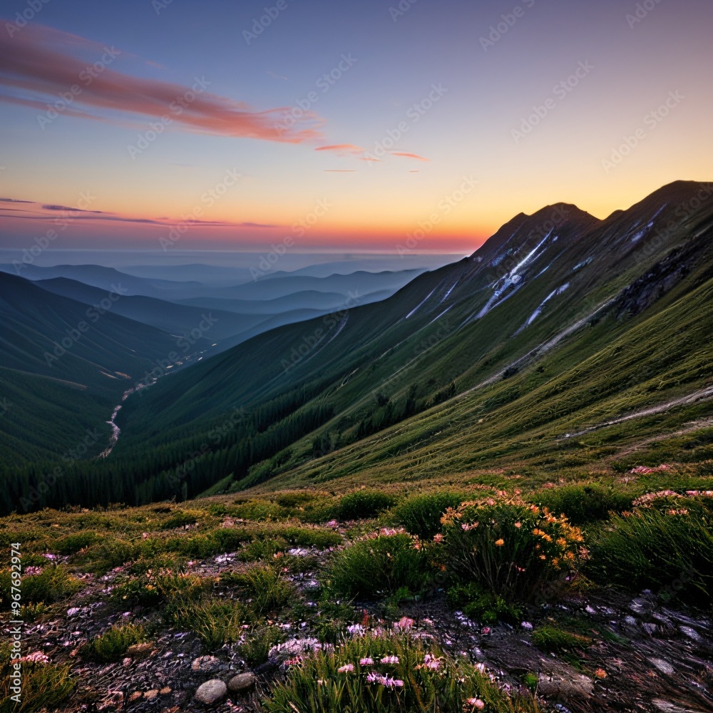 Fototapeta premium Breathtaking Sunset Over Snow-Capped Mountain Peaks and Forests..