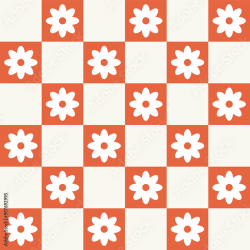 Cute Daisy Flower Sunflower Orange Checkered Plaid Gingham Pattern Background Vector Cartoon Illustration Tablecloth, Picnic mat wrap paper, Mat, Fabric, Textile, Scarf.