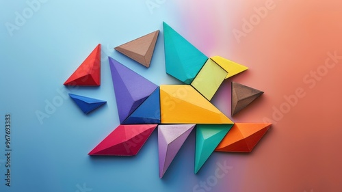 multicolored origami bird, Tangram pieces crafted from paper