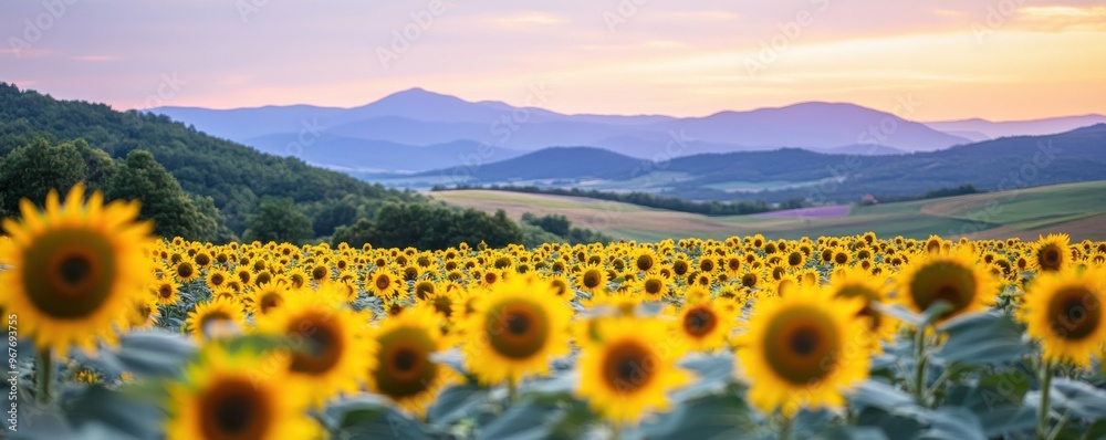 Fototapeta premium A stunning landscape filled with vibrant sunflowers under a colorful sunset sky, capturing the essence of nature's beauty.