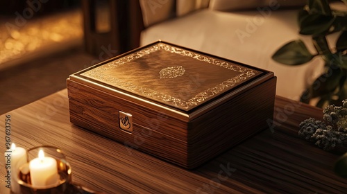 Ornate Wooden Box with Intricate Gold Detailing