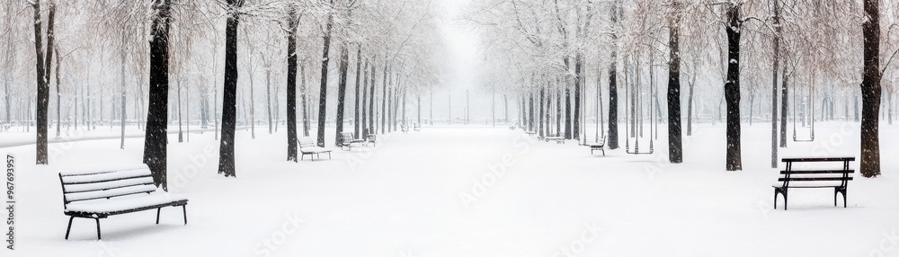A serene winter park landscape blanketed in fresh snow, featuring benches and frosted trees, inviting a peaceful stroll. A serene winter park landscape blanketed in fresh snow, featuring benches and frosted trees, inviting a peaceful stroll.