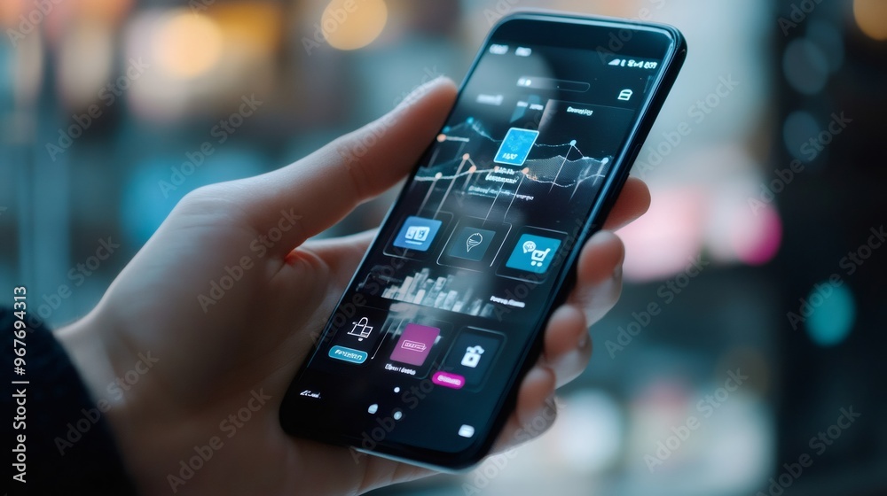 A person's hand holding a smartphone with a mobile banking app open, showing a graph, balance, and transaction history. A person's hand holding a smartphone with a mobile banking app open, showing a graph, balance, and transaction history.