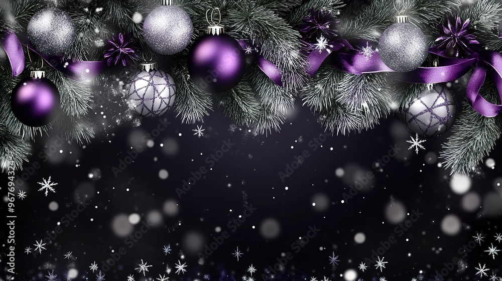 Fototapeta premium Decorative holiday garland with purple and silver ornaments and falling snowflakes on a dark background in winter